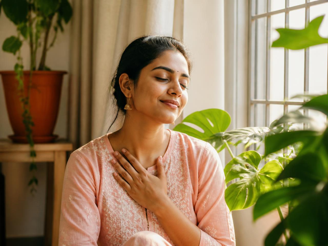 An Indian woman seated by a bright window at home, hand resting on her chest, settled with herself