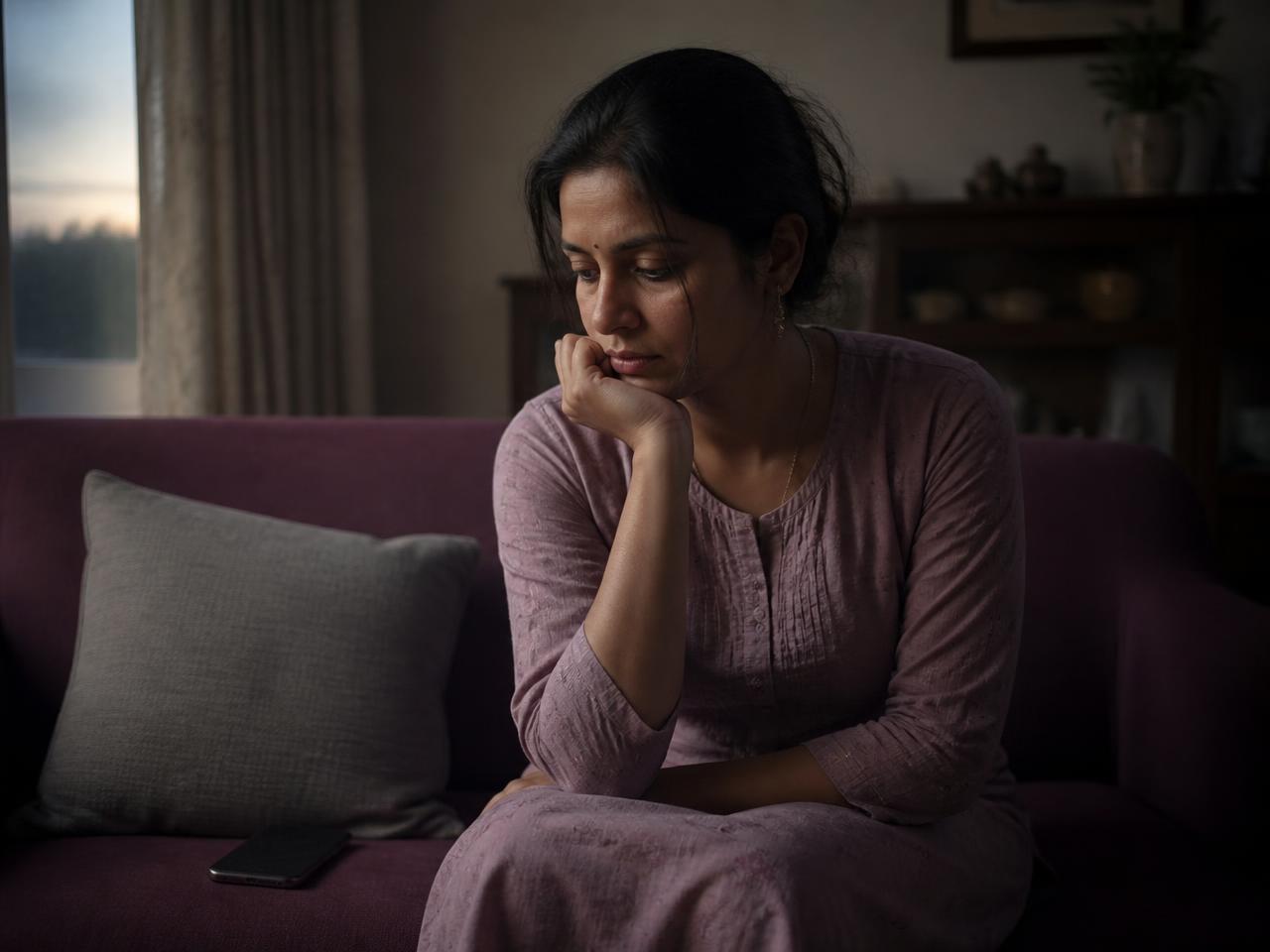 An Indian woman sitting alone on her sofa in the evening, chin on her hand, caught in her own thoughts