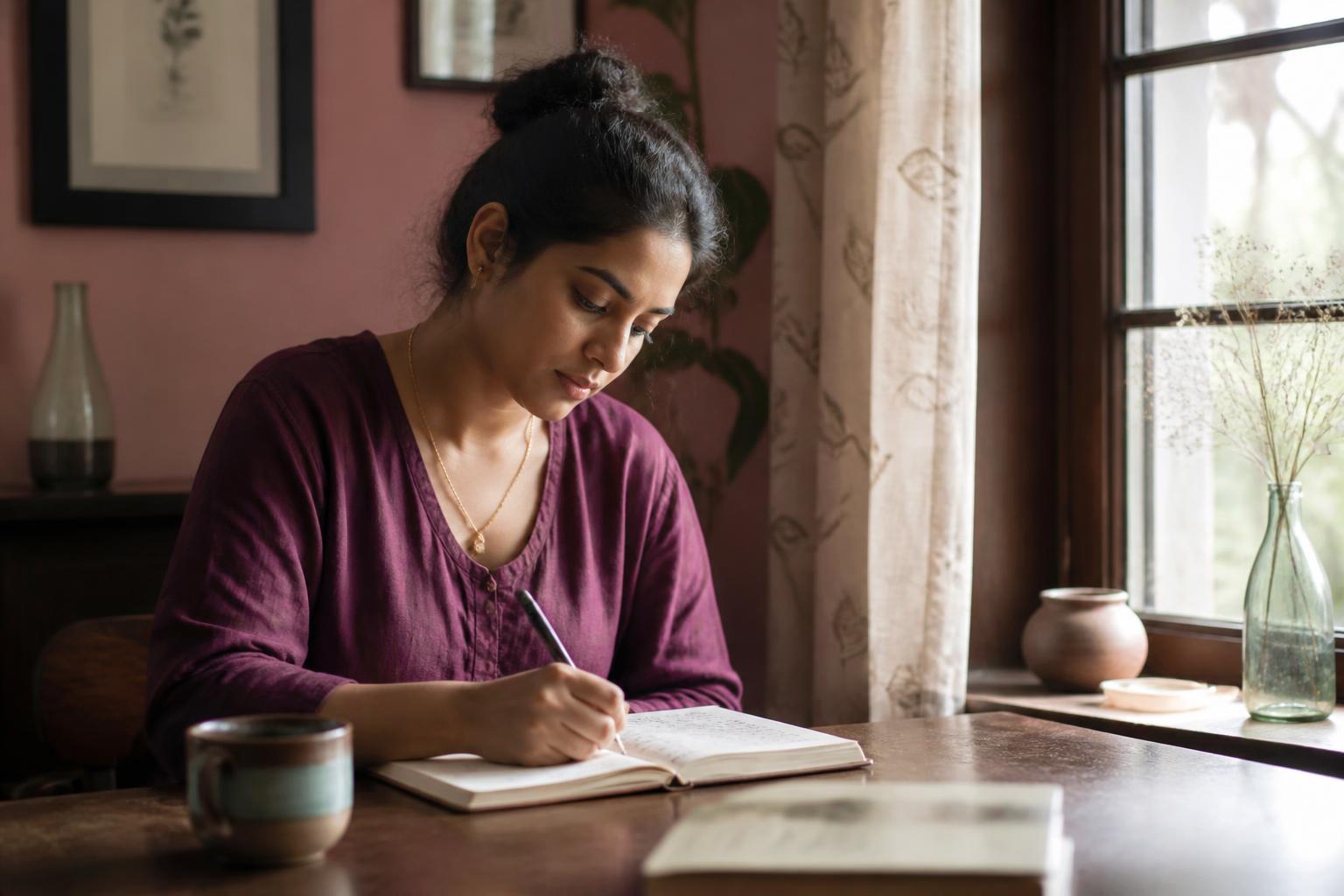 An Indian woman standing quietly at a window at home, lost in thought