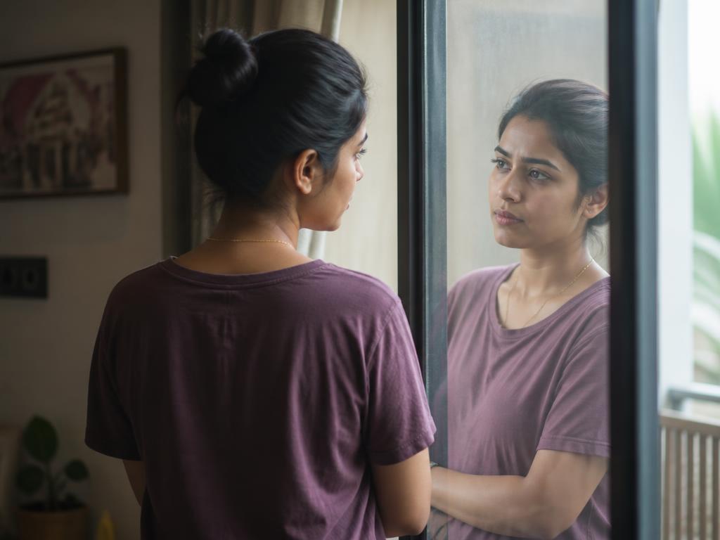 An Indian woman looking uncertainly at her own reflection in a mirror at home