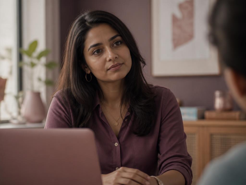 An Indian woman at her office desk accepting more work without objecting